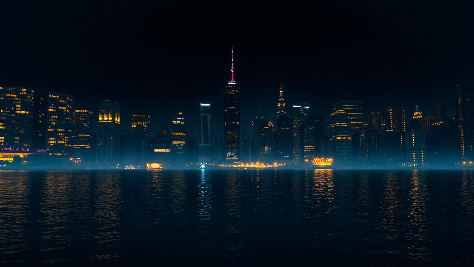 A city skyline glowing across dark water at night